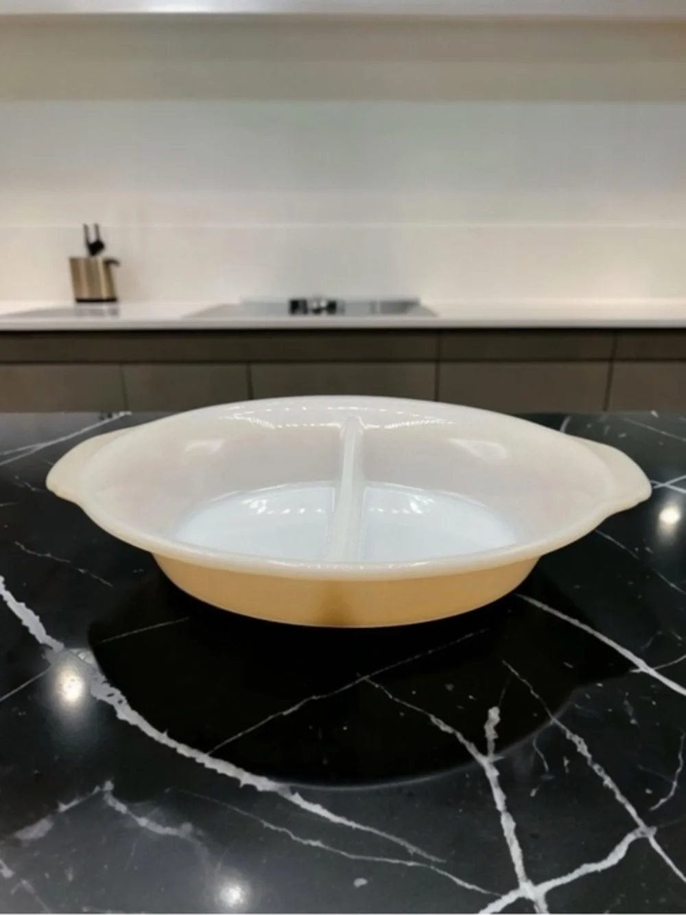 Vintage Fire King Peach Luster Reverse Logo Divided Casserole Serving Dish #468